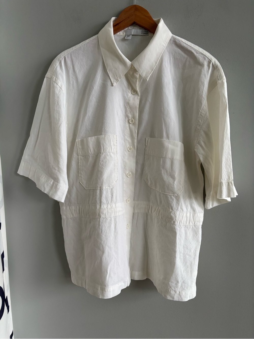 Eileen Fisher Ivory Cream Italian Fabric Linen Viscose Drawstring Camp Shirt M